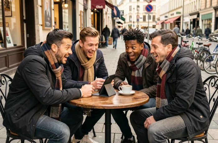 Groupe de supporters regardant un match sportif en direct sur smartphone dans un café en plein air