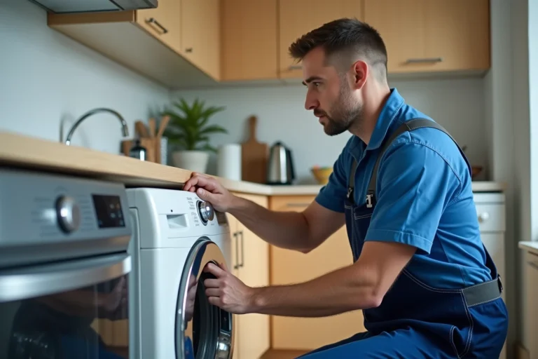 Technicien en uniforme examinant un lave-linge moderne dans une cuisine
