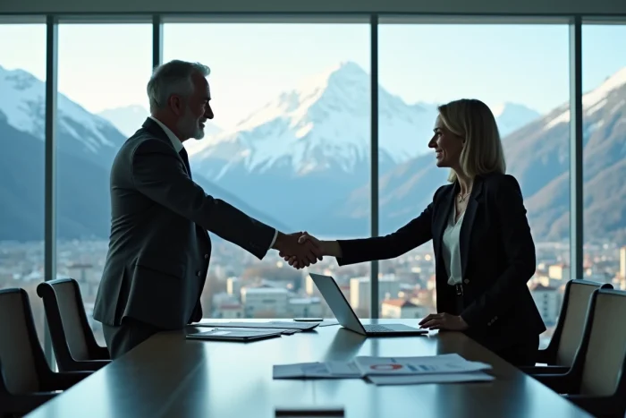 Consultant expert et chef d'entreprise se serrant la main dans un cabinet conseil à Annecy pour optimiser la vente d'une entreprise