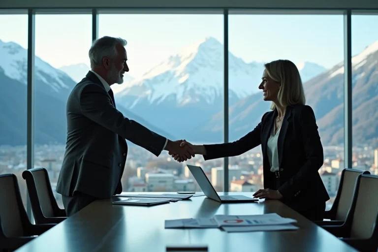 Consultant expert et chef d'entreprise se serrant la main dans un cabinet conseil à Annecy pour optimiser la vente d'une entreprise