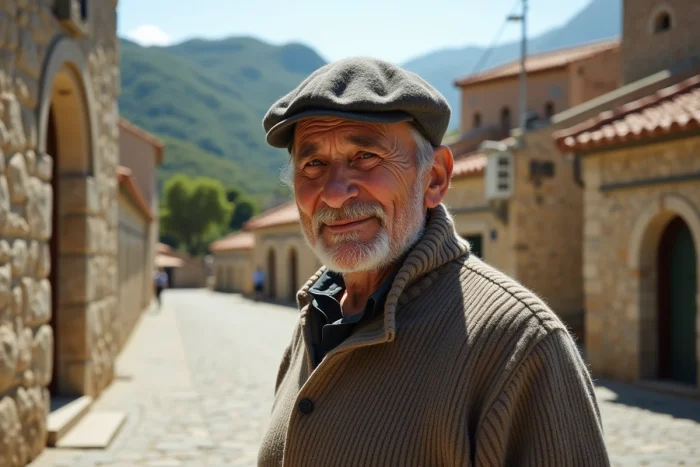 Homme age corse devant eglise en pierre dans un village