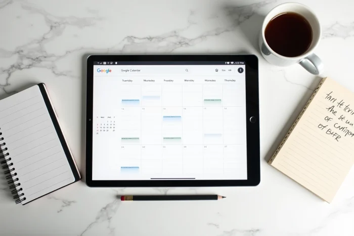 Vue aérienne d'une tablette affichant Google Agenda avec les numéros de semaine sur un bureau en marbre avec carnet et café